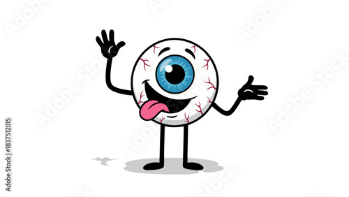 Cartoon Eyeball Character with Blue Iris and Pink Tongue Sticking Out Against Black Background with Shadow Effect