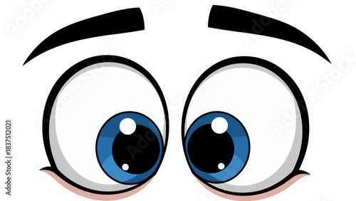 Cartoon Eyes Wide Open Looking Upwards with Blue Iris and White Sclera on Black Background Simple Flat Design