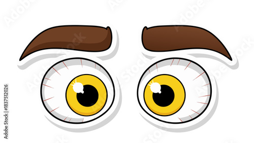 Cartoon Eyes with Yellow Irises and Brown Eyebrows Expressing Surprise or Shock on a Black Background