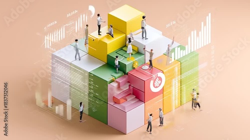 Interactive financial development visualization with ascending growth chart elements and miniature human figures present