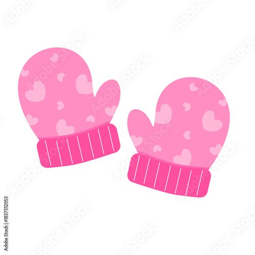Pink cute mittens with heart pattern. Can be used for sticker and winter theme element