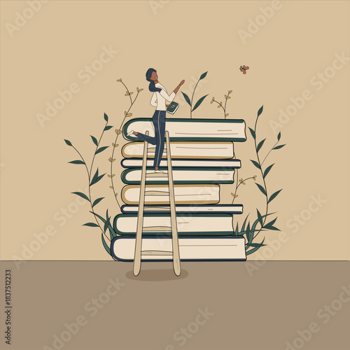 Concept:book is source of knowledge.Tiny african woman staying on ladder near stack of books.Pile of volumes surrounded by plants as symbol of education.For library or bookstore.Hand drawn vector