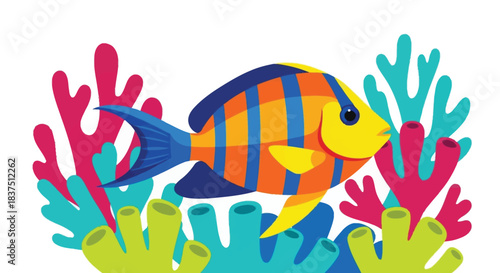 Vibrant tropical fish swimming gracefully showcasing colorful stripes and fins in the ocean.