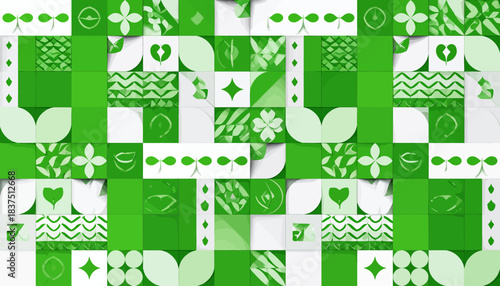 Seamless green and white geometric pattern with stylized leaves, sprouts, and hearts, depicting nature and growth in a modern tiled design.