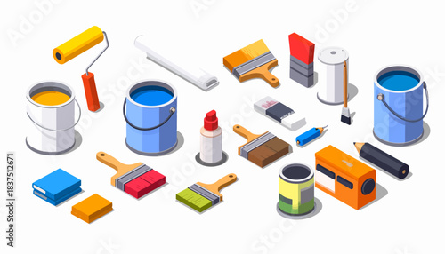 Isometric illustration of painting and drawing tools, including paint rollers, buckets, brushes, pencils, and books, representing art supplies for creative projects and DIY work.