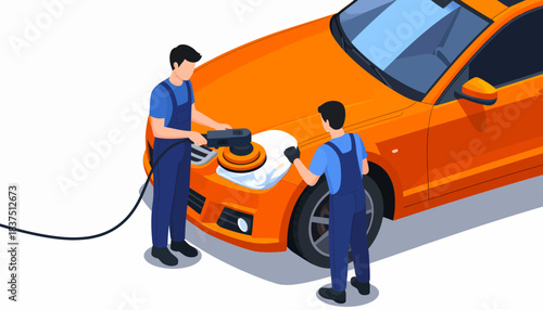 Two men detailing an orange car: one polishing the hood with an orbital polisher, another cleaning a headlight. Isometric auto care illustration.