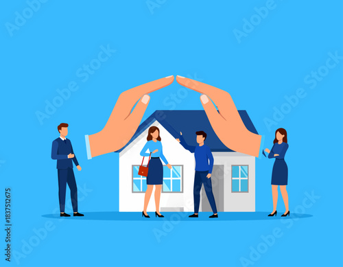 House under protective hands with people, symbolizing home insurance, security, and real estate concept.