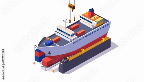 Cargo Ship in Dry Dock with Crane. Isometric Vector Illustration of Ship Repair and Maritime Industry.