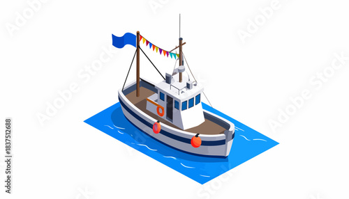 Isometric Fishing Boat Illustration with Colorful Bunting, Blue Flag, and Life Buoys on Blue Water