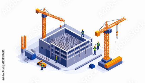 Isometric Construction Site Illustration with Engineers, Building Structure, and Tower Cranes