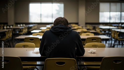 A young male student with brown hair sits alone at a cafeteria table. The room is empty, highlighting feelings of loneliness and social exclusion.