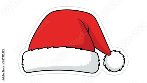 Classic Red And White Santa Claus Hat With Fluffy Trim And Pom Pom Isolated On Black Background Digital Illustration