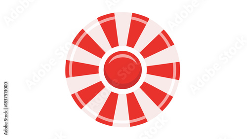 Circular Peppermint Candy With Red And White Stripes And A Red Center Against A Black Background Isolated