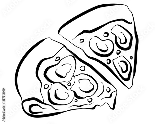 An icon of a pepperoni pizza cut into slices with cheese and olives in doodle style isolated. Vector illustration of pizza for food concept menus.
