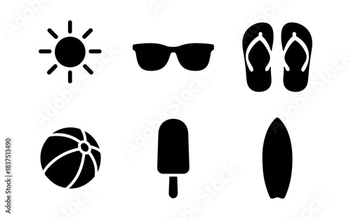 Summer icons set: sun, sunglasses, flip-flops, beach ball, popsicle, and surfboard