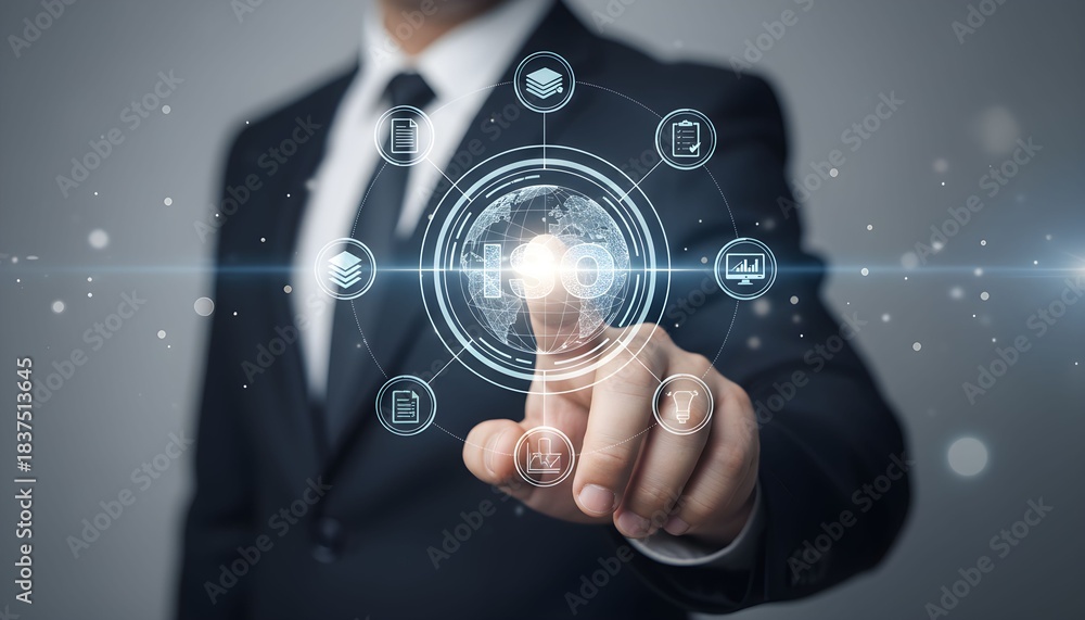 Obraz premium Businessman's hand touches a virtual social network icon on a digital screen, embodying future business communication technology
