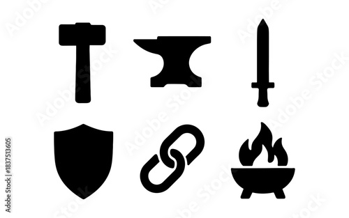 Blacksmith tools and medieval weapons in simple silhouette style