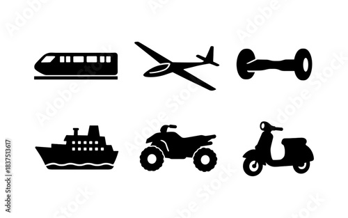 Black and white transportation icons: train, airplane, hoverboard, ship, ATV, scooter