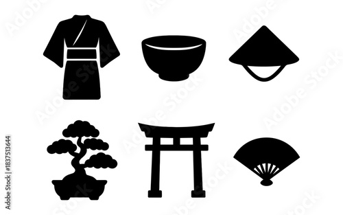 Japanese culture icons in black silhouette style on white background
