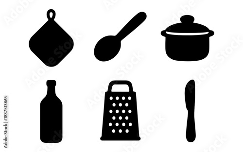 Black kitchen utensils and tools isolated on white background