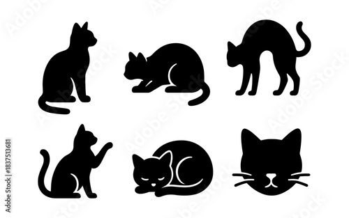 Black cat silhouettes in various poses on a white background, vector illustration