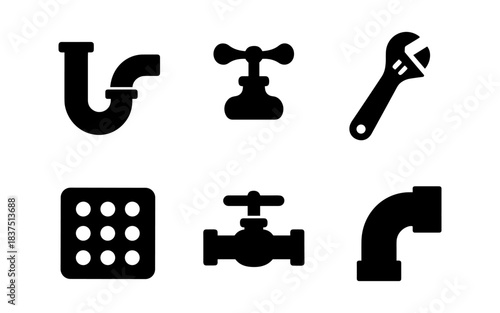 Plumbing icons set: pipe, faucet, wrench, and other related tools