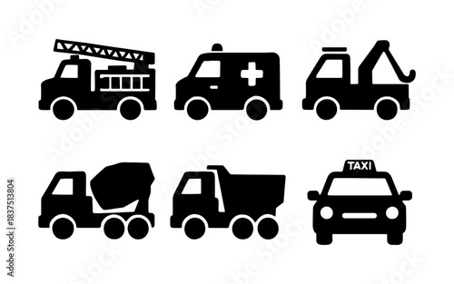 Black silhouette icons of various vehicles for transportation and emergency services
