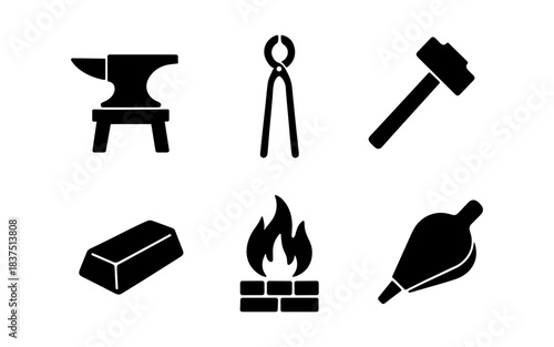 Blacksmith tools and equipment in silhouette on a white background