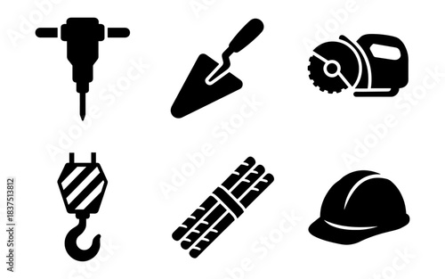 Construction tools and equipment icons in a simple, bold, black and white style