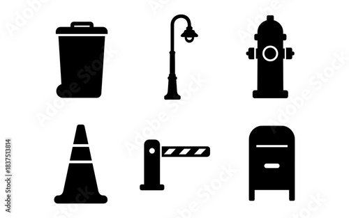 Black and white urban icons set against a clean white background