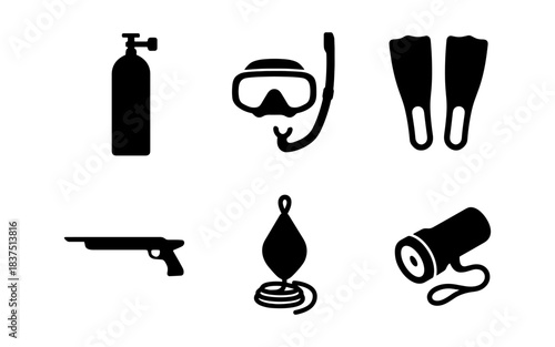 Scuba diving equipment icons in a minimalist black and white design