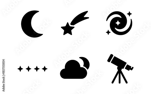 Black and white space icons including stars, moon, galaxy, and telescope