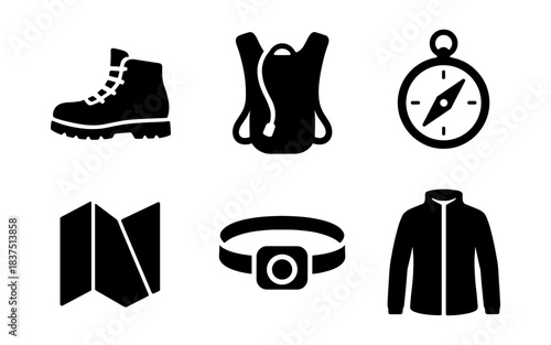 Hiking and outdoor adventure equipment icons in a minimalist style