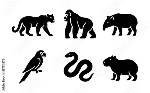 Black animal silhouettes including a panther, gorilla, tapir, parrot, snake, and capybara