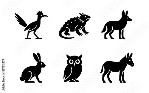 Black animal silhouettes including a roadrunner, lizard, coyote, rabbit, owl, and donkey
