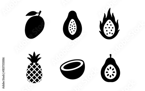 Black and white fruit icons set on a white background for design projects