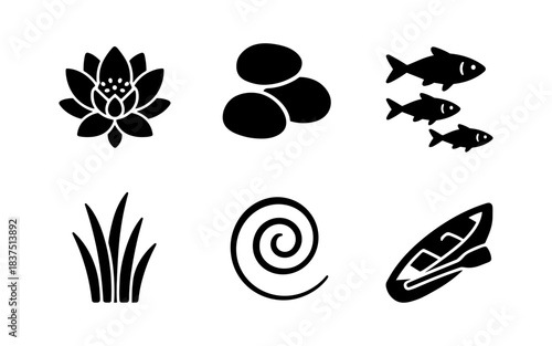 Black and white nature icons of a lotus flower, fish, and a canoe