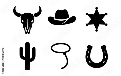Western-themed vector icons in black and white for design and decoration