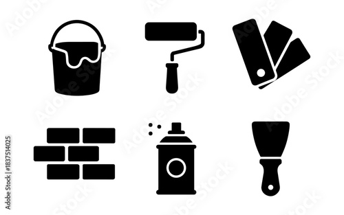 Black and white construction tools and materials icons on white background