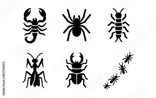 Black insect silhouettes including scorpion, spider, centipede, ant, and beetle