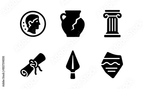 Ancient civilization icons in a minimalist black and white style