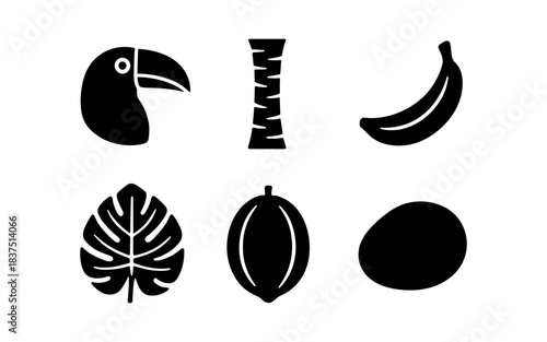 Black and white tropical icons set on a white background
