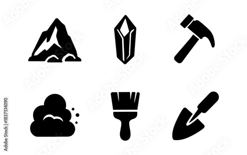 Geology and mining icons in a minimalist black and white style