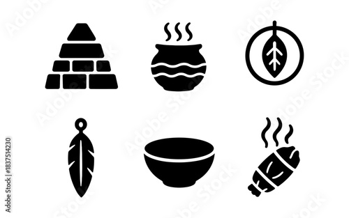 Black and white icons of spiritual and wellness symbols on a white background