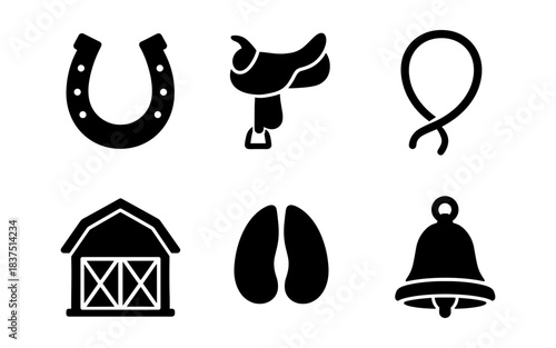 Western icons: horseshoe, saddle, rope, barn, hoof prints, and bell