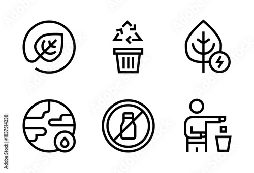 Pack de iconos de sostenibilidad. Hoja ecológica, reciclaje, planta con energía, planeta con agua, prohibición de plásticos y persona botando desechos. Diseño vectorial lineal