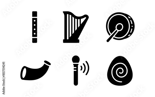 Black silhouette icons of traditional Irish musical instruments