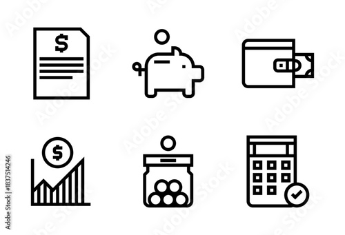 Pack de iconos de finanzas personales. Documento financiero, alcancía, billetera, gráfica creciente, frasco ahorrando monedas y calculadora. Diseño vectorial lineal