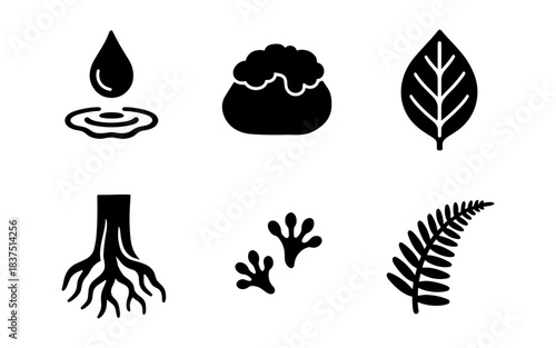 Black and white nature icons of water, leaf, roots, and footprints