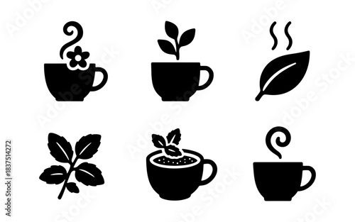 Tea and herbal tea icons in black and white, perfect for cafe branding
